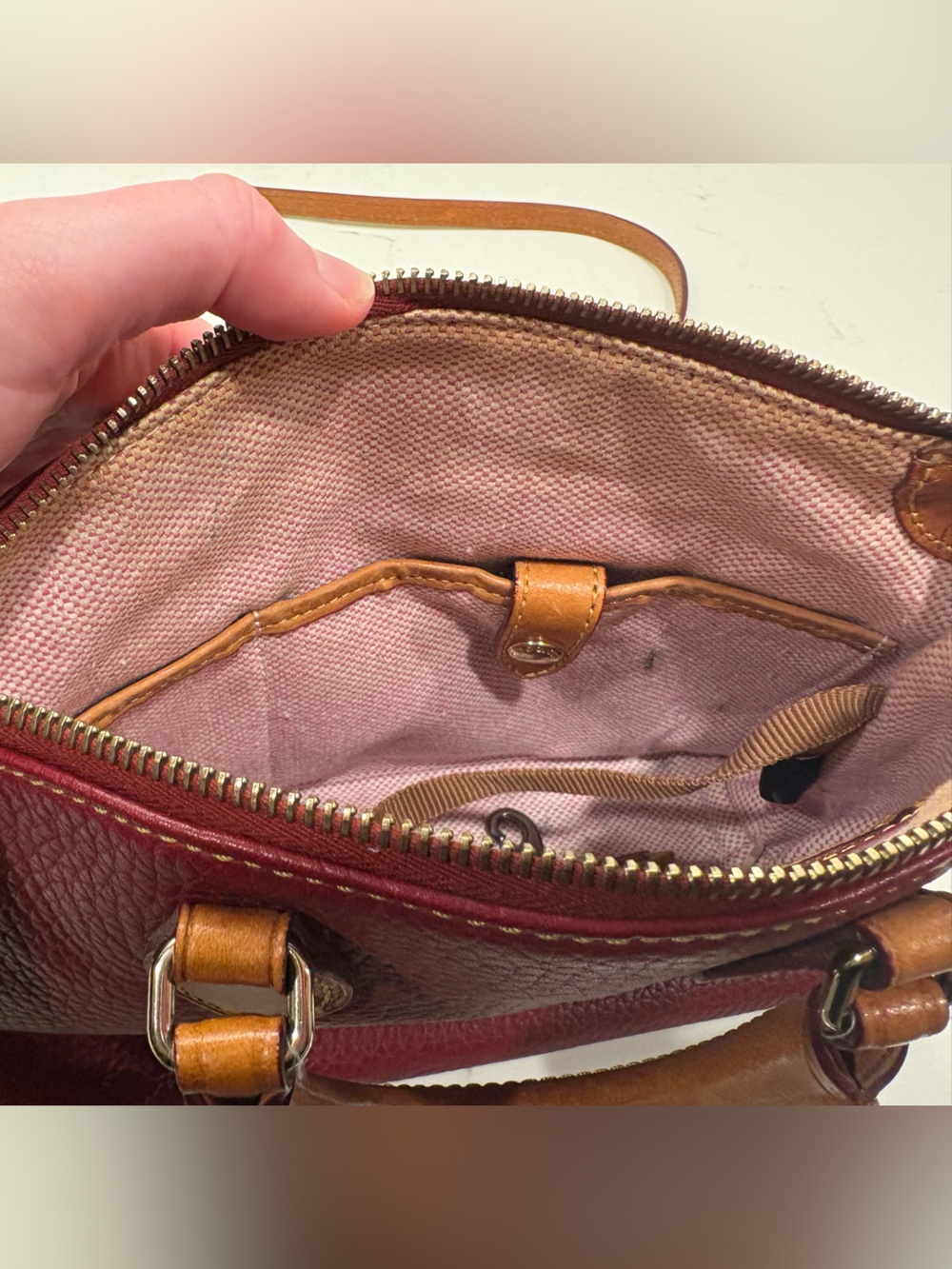 Dooney & Bourke Cherry Red Pebbled Leather Satchel with Tan Trim - Picture 4 of 5